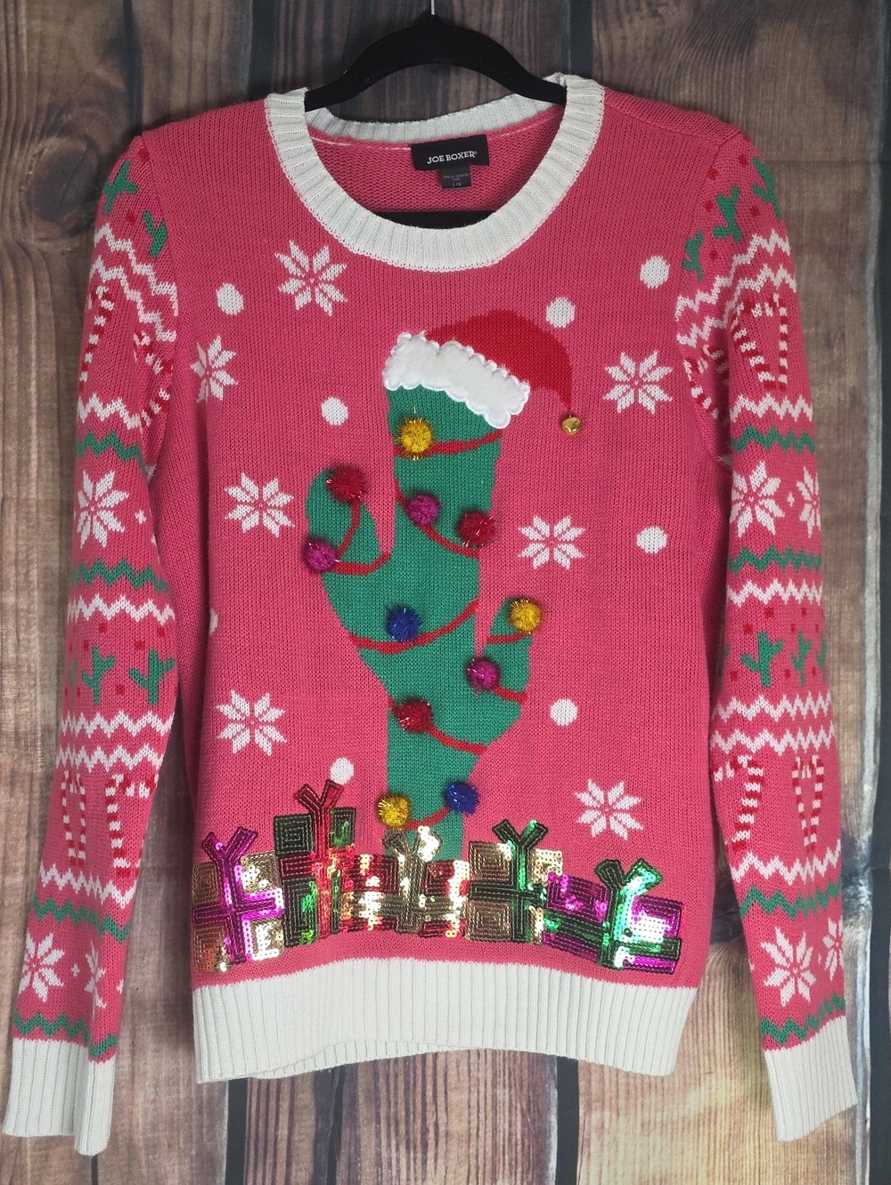 Joe Boxer Large Pink Festive Cactus Sequin Pom-Pom Sweater